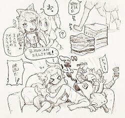  >_< 2girls ? absurdres alternate_costume barefoot bow cirno clothes_on_floor commentary_request commission contemporary couch daiyousei folded_clothes greyscale hair_bow hair_ornament hair_scrunchie highres holding holding_spoon menotama monochrome multiple_girls on_couch one_side_up open_mouth puffy_short_sleeves puffy_sleeves scrunchie shirt short_sleeves shorts skeb_commission smile speech_bubble spoken_question_mark spoon stuffed_animal stuffed_frog stuffed_toy toes touhou translation_request unworn_clothes 