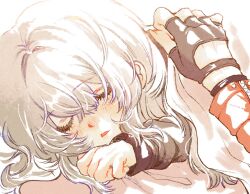  2girls 2koge_25 blush closed_eyes fingerless_gloves gloves goddess_of_victory:_nikke hand_on_another's_shoulder highres jacket long_hair long_sleeves multiple_girls open_mouth red_hood_(nikke) red_jacket sleeping snow_white_(innocent_days)_(nikke) snow_white_(nikke) solo_focus white_hair zipper 