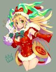  &gt;:) 1girl adapted_costume alternate_eye_color armlet artist_name bare_shoulders blonde_hair blush bow breasts chain christmas cleavage cropped_legs dated detached_sleeves dress earrings fbc fur_trim gloves green_bow green_eyes green_gloves hat highres holding hood horns jewelry long_hair long_sleeves mistletoe puzzle_&amp;_dragons red_dress sack sakuya_(p&amp;d) santa_costume santa_hat short_dress simple_background smile solo sparkle star star_earrings tail 