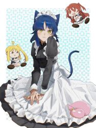  3girls :| absurdres animal_ears apron black_dress blonde_hair blue_hair blush bocchi_the_rock! cat_ears cat_girl cat_tail chibi closed_mouth commentary_request crossed_arms dated_commentary dress gotoh_hitori gotoh_hitori_(tsuchinoko) heart heart-shaped_eyes highres ijichi_nijika jaw_drop juliet_sleeves kita_ikuyo long_hair long_sleeves looking_at_viewer maid maid_apron maid_headdress medium_hair multiple_girls mushroom_majin one_side_up procreate_(medium) puffy_sleeves red_hair side_ponytail tail triangle_mouth white_apron yamada_ryo yellow_eyes 