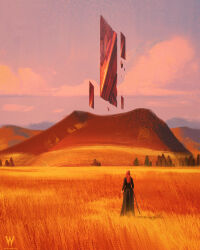  1girl absurdres artist_name black_dress commentary dress english_commentary floating floating_object from_behind grass highres hill holding holding_staff landscape long_hair mountain original painterly raja_nandepu red_hair scenery staff 