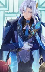  1boy 2others animal_ears arm_behind_back artist_name black_bow black_pants black_shirt blonde_hair blue_feathers blue_hair blue_jacket blue_necktie bow brooch buttons closed_mouth collared_shirt commentary_request cowboy_shot diamond_button feathers formal_clothes genshin_impact gloves gold_trim grey_hair hair_bow hand_on_own_stomach headpiece highres ikanago_eak jacket jewelry lapels long_hair long_sleeves looking_at_another looking_down male_focus multicolored_hair multiple_others necktie neuvillette_(genshin_impact) neuvillette_(melusent_gift)_(genshin_impact) official_alternate_costume open_clothes open_jacket pants pointy_ears purple_vest red_hair ring shirt short_hair sidelocks smile solo_focus sparkle standing streaked_hair suit suit_jacket vest violet_eyes watermark white_gloves 