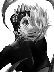  1boy black_bodysuit bodysuit colored_sclera commentary_request covered_mouth eyepatch from_behind greyscale hand_on_own_face head_back highres kagune_(tokyo_ghoul) kaneki_ken looking_at_viewer looking_back male_focus mask monochrome shishi_(eai_make) short_hair solo teeth_print tokyo_ghoul upper_body 