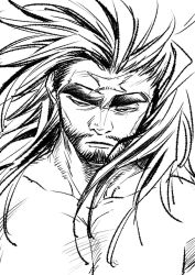  1boy beard commentary_request facial_hair highres jujutsu_kaisen long_hair male_focus monochrome pectorals scar scar_on_face scar_on_forehead solo thick_eyebrows ysabu415 zen'in_jinichi 