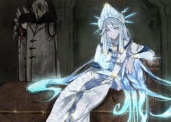  3girls absurdres arlecchino_(genshin_impact) black_fur blue_dress blue_eyes blue_hair blue_lips bracelet coat columbina_(genshin_impact) dark_room dress elbow_rest english_commentary faceless faceless_female fatui_coat from_side fur_trim genshin_impact glitter glowing glowing_hair gradient_hair grey_coat hair_between_eyes hat headpiece highres indoors jewelry leaning_to_the_side long_hair long_sleeves looking_at_viewer multicolored_hair multiple_girls sitting solo_focus standing streaked_hair tractorbelarus228 tsaritsa_(genshin_impact) very_long_hair 