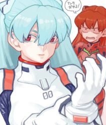 adjusting_clothes annoyed ayanami_rei bad_drawr_id bad_id blue_hair cosplay costume_switch jumpsuit looking_to_the_side neon_genesis_evangelion oekaki pepsiso red_eyes red_hair red_jumpsuit souryuu_asuka_langley white_jumpsuit 