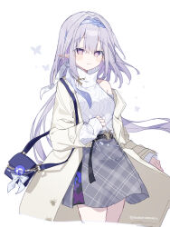 1girl absurdres artist_name bag bare_shoulders castorice_(honkai:_star_rail) castorice_(luckin_coffee)_(honkai:_star_rail) coat commentary_request cowboy_shot grey_skirt highres honkai:_star_rail honkai_(series) long_hair looking_at_viewer official_alternate_costume open_clothes open_coat plaid_clothes plaid_skirt pointy_ears purple_hair shoulder_bag simple_background skirt smile solo sweater turtleneck turtleneck_sweater twitter_username uwasewau violet_eyes white_background white_coat white_sweater 