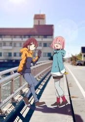  2girls :d absurdres arms_behind_back black_coat black_gloves blue_pants blue_sky blurry blurry_background bridge brown_hair brown_shoes car closed_mouth coat commentary_request day denim gloves green_coat grey_pants happy highres hood hoodie jeans kagamihara_nadeshiko lens_flare long_sleeves motor_vehicle multicolored_coat multiple_girls open_mouth orange_coat outdoors pants photo_background pink_hair railing real_world_location red_socks river shadow shoes sky smile socks standing toki_ayano two-tone_coat waving yas_(yosiyasuyasu) yellow_eyes yellow_gloves yurucamp 