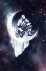  1boy abstract_background absurdres armor baton_(weapon) black_armor black_bodysuit bodysuit cape checkered_cloak cowl crescent crescent_moon crescent_ornament gloves highres holding holding_baton_(weapon) hood hood_up hooded_cape male_focus marvel mask meghan_hetrick moon moon_knight moon_tattoo multicolored_armor night sky solo star_(sky) starry_sky superhero_costume tattoo weapon white_armor white_bodysuit white_cape white_hood 