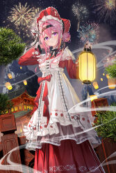  1girl absurdres aerial_fireworks al_guang apron black_hairband blush bonnet character_request commentary copyright_request dress fingernails fireworks hair_between_eyes hair_bun hairband hand_in_own_hair hand_up hands_up heart heart_in_eye highres holding holding_lantern lantern looking_at_viewer night outdoors paper_lantern parted_lips pink_hair red_bonnet red_dress solo symbol_in_eye violet_eyes white_apron 