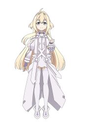  1girl ahoge armor armored_dress blonde_hair boots closed_mouth dress full_body gloves grey_eyes iyojima_anzu juliet_sleeves long_hair long_sleeves looking_at_viewer magical_girl official_art puffy_sleeves second-party_source simple_background smile solo standing tachi-e thigh_boots transparent_background very_long_hair white_boots white_dress yuuki_yuuna_wa_yuusha_de_aru yuusha_de_aru 