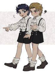  2boys aged_down ascot black_hair black_shoes black_shorts blonde_hair commentary_request dio_brando dress_shirt highres jojo_no_kimyou_na_bouken jonathan_joestar long_sleeves male_focus multiple_boys neg_50asu open_mouth phantom_blood pointing pointing_forward red_eyes shirt shoes short_hair shorts skirt socks squiggle suspender_skirt suspenders white_ascot white_shirt white_socks 