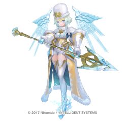  1girl blonde_hair blue_eyes breasts brooch cape capelet copyright_notice earrings emblem fire_emblem fire_emblem_heroes fjorm_(fire_emblem) fjorm_(icy_miracle)_(fire_emblem) fur-trimmed_cape fur_hat fur_trim gloves green_eyes hat holding holding_polearm holding_weapon ice ice_skates ice_wings jewelry looking_at_viewer maeshima_shigeki medium_breasts multicolored_hair official_alternate_costume official_art polearm short_hair short_hair_with_long_locks skates smile solo tachi-e thigh-highs weapon white_capelet wings 