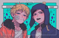  2boys bandaid bandaid_on_face beanie black_hair blue_eyes blue_jacket border character_name coat collarbone commentary_request craig_tucker fangs gauze gauze_on_cheek hat hood hood_down hooded_coat jacket kenny_mccormick male_focus multiple_boys neg_50asu orange_coat pom_pom_(clothes) pom_pom_beanie shirt short_hair south_park sparkle white_shirt 
