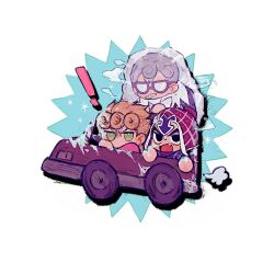  ! 3boys black_eyes blonde_hair car chibi chibi_only driving fang ghiaccio giorno_giovanna glasses green_eyes grid_teeth guido_mista highres ice jojo_no_kimyou_na_bouken long_sleeves male_focus motor_vehicle multiple_boys neg_50asu open_mouth short_hair simple_background vento_aureo white_background 