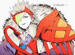  1boy armor coat commentary_request fate/grand_order fate_(series) fur_coat grey_eyes grey_hair horns japanese_armor kuriimu0203 medium_hair one_eye_covered pale_skin single_shoulder_pad solo spiky_hair takeda_shingen_(fate) upper_body 