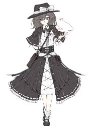 1girl absurdres adapted_costume aizettonagi arm_behind_back bag black_capelet black_hat black_shoes black_skirt bow breast_pocket brown_bag brown_eyes brown_hair capelet closed_mouth clothing_request collared_shirt commentary frilled_skirt frills grey_necktie hat hat_bow highres long_sleeves magical_astronomy medium_hair necktie object_in_pocket pen_in_pocket pocket ribbon-trimmed_capelet ribbon-trimmed_skirt ribbon_trim shirt shoes shoulder_bag simple_background skirt socks solo standing touhou usami_renko white_background white_bow white_shirt white_skirt white_socks 