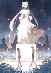  3girls bare_shoulders bishoujo_senshi_sailor_moon blonde_hair double_bun dress full_body green_hair hair_bun hand_in_pocket highres hood hood_down hooded_dress kaiou_michiru long_dress long_hair multiple_girls off-shoulder_dress off_shoulder own_hands_clasped own_hands_together parted_lips princess_serenity short_hair statue ten'ou_haruka twintails walking white_dress yumi_xsh 