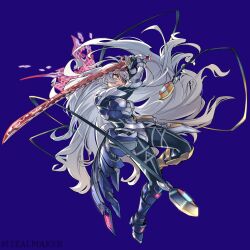  1girl armor blue_background duel_monster hair_between_eyes highres holding holding_sword holding_weapon multicolored_eyes sidelocks sky_striker_ace_-_zero solo sword weapon white_hair yu-gi-oh! zealmaker 