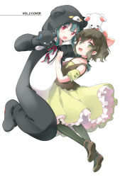  029 :d animal_costume animal_ears animal_hood bear_costume bear_ears bear_hood blush bow brown_shoes choker collarbone cosplay dress fina_(kuma_kuma_kuma_bear) flat_chest flats full_body green_choker green_dress green_eyes green_hair green_pantyhose hair_between_eyes hair_bow hair_ribbon hand_on_another's_head hand_puppet hands_up highres hood hood_up hug kigurumi kneeing kuma_kuma_kuma_bear long_hair looking_at_viewer off-shoulder_dress off_shoulder official_art open_mouth pantyhose pink_bow puffy_short_sleeves puffy_sleeves puppet red_eyes ribbon shoes short_hair short_sleeves simple_background smile tareme teeth third-party_source upper_teeth_only v-shaped_eyebrows white_background yuna_(kuma_kuma_kuma_bear) 