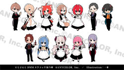  1-tuka 5boys 6+girls :d ahoge apron artist_name asymmetrical_horns basket black_dress black_eyes black_hair black_pants black_shoes black_suit blonde_hair blue_hair blue_vest braid bright_pupils broom brown_hair brown_vest butler center-flap_bangs chibi chibi_only closed_mouth commentary_request contrast_lapels copyright_notice cross_tie crossed_bangs cup curtained_hair dress drinking_glass duster earrings enbutlered enmaided facial_hair feather_duster food frilled_apron frills grey_hair grey_vest hair_intakes hat highres holding holding_basket holding_broom holding_duster holding_notepad holding_pocket_watch holding_tray horns jacket jewelry lapels laundry_basket long_dress long_hair long_sleeves looking_at_viewer macaron maid maid_apron medium_hair mob_cap monocle multicolored_hair multiple_boys multiple_girls necktie nijisanji notched_lapels notepad official_alternate_costume official_art one_eye_closed open_clothes open_jacket open_mouth orange_hair orange_vest pants pink_hair pocket_watch ponytail purple_hair quill red_hair red_vest serving_dome shoes short_hair side_braid sleeve_cuffs smile streaked_hair suit suit_jacket tailcoat teapot translation_request tray twin_braids two-tone_hair very_long_hair vest virtual_youtuber waistcoat watch white_apron white_hat white_pupils wine_glass 