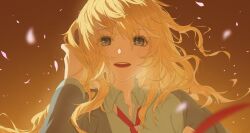  1girl absurdres blonde_hair blue_shirt brown_background collared_shirt commentary_request falling_petals grey_eyes hair_between_eyes hand_in_own_hair highres long_hair long_sleeves looking_at_viewer miyazono_kawori open_mouth petals pink_petals portrait rafaelaaa school_uniform shigatsu_wa_kimi_no_uso shirt solo teeth upper_teeth_only wavy_hair 