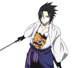 1boy animal animal_in_clothes animalization black_eyes black_gloves black_hair black_pants closed_mouth cowboy_shot fingerless_gloves fox gloves highres holding holding_sword holding_weapon japanese_clothes male_focus naruto_(series) naruto_shippuuden okbdko123 pale_skin pants parted_bangs rope_belt shirt short_hair spiky_hair sword uchiha_sasuke uzumaki_naruto weapon white_background white_shirt 