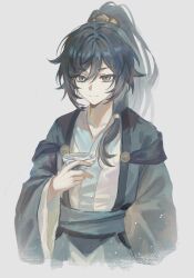  1girl absurdres blue_eyes chinese_clothes closed_mouth commentary cup fu_hua grey_hair hanfu hashtag-only_commentary highres holding holding_cup honkai_(series) honkai_impact_3rd jacket long_hair ponytail solo tea white_background white_hanfu yuha6666 