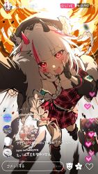  1girl aktkskr arm_up armpits bare_shoulders belt black_gloves blush bomb braid braided_bangs braided_bun braided_hair_rings braided_ponytail breasts buttons chain commentary_request danmaku_comments demon_horns dress explosion explosive fang fire full_body fur-trimmed_sleeves fur_trim gloves hair_bun hair_rings hand_on_own_face hand_up hat hat_chain hat_ornament heart heart-shaped_eyewear heart_print highres honkai:_star_rail honkai_(series) horns laughing livestream looking_at_phone looking_at_self loose_socks medium_breasts open_mouth phone plaid_clothes plaid_dress plaid_skirt puff_of_air rabbit_hat_ornament red_dress red_eyes screen selfie shadow shoes skirt socks solo sparkle_(doll)_(honkai:_star_rail) sparkle_(honkai:_star_rail) sparxie_(honkai:_star_rail) 