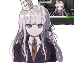  1girl black_ribbon braid brown_necktie collared_shirt danganronpa:_trigger_happy_havoc danganronpa_(series) food food_on_head game_screenshot_inset hair_ribbon highres instant_cup_noodles instant_noodles jacket kirigiri_kyoko long_hair long_sleeves looking_at_viewer necktie noodles object_on_head ribbon screenshot_inset shirt side_braid solo uto_(inutanukawaii) violet_eyes white_background 