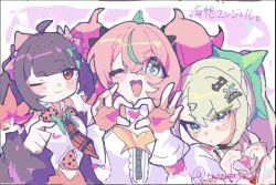  3girls :d angels_of_delusion aqua_streaks aria_(zenless_zone_zero) arm_warmers black_hair bow center_frills crossed_bangs earrings fingerless_gloves frills fur-trimmed_sleeves fur_trim gloves green_bow green_eyes green_hair green_halo hair_between_eyes halo heart heart_hands highres jewelry multicolored_hair multiple_girls multiple_hair_clips musical_note_earrings nangong_yu necktie one_eye_closed pink_arm_warmers pink_gloves pink_hair red_eyes red_necktie smile streaked_hair striped_arm_warmers sunna_(zenless_zone_zero) ueidayo upper_body zenless_zone_zero 