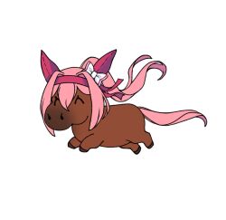  animal_ears animal_focus borrowed_hairstyle bow brown_horse closed_mouth commentary ear_bow ear_covers english_commentary haru_urara_(racehorse) haru_urara_(umamusume) headband highres horse horse_ears horse_tail lili_(lilistration) long_hair pink_hair pink_headband ponytail real_life red_headband simple_background solo tail umamusume white_background 