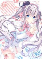  1girl animal_on_head beret black_cat blue_eyes blue_shirt bow bowtie braid cat cat_on_head collar commentary_request commission cowboy_shot crescent_ornament cropped_jacket grey_hair hair_ribbon hat highres hiryuu_kanon indie_virtual_youtuber jacket long_hair long_sleeves nekozuki_mio on_head own_hands_clasped own_hands_together paw_print paw_print_background pink_bow pink_bowtie pink_collar pink_ribbon pink_trim pleated_skirt ribbon shirt shirt_tucked_in skeb_commission skirt solo thigh_strap twintails very_long_hair virtual_youtuber white_background white_hat white_jacket white_skirt 