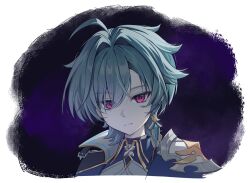  1boy armor blue_gem blue_hair closed_mouth coat collared_shirt commentary cropped_shoulders curtained_hair dot_nose earrings gem genshin_impact jewelry light_frown lohen_(genshin_impact) male_focus multicolored_eyes parted_bangs pauldrons piercing pine_(angel4195202) shirt short_hair shoulder_armor single_earring single_pauldron solo white_background wing_collar 