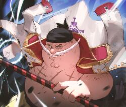  1boy bandana black_bandana cleft_chin clenched_hand clenched_teeth coat cosplay edward_newgate edward_newgate_(cosplay) facial_hair family_guy fat fat_man glowing glowing_eyes highres holding holding_weapon kowai_(iamkowai) long_mustache looking_at_viewer mustache one_piece peter_griffin scar smile solo teeth weapon white_coat 