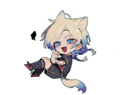  1boy animal_ears arm_tattoo bastard_munchen_soccer_uniform black_shoes black_socks blonde_hair blue_eyes blue_lock cat_boy cat_ears cat_tail chibi chibi_only commentary eyeliner fangs gradient_hair gradient_tail kneehighs looking_at_viewer makeup male_focus michael_kaiser multicolored_hair paw_pose pcal_pcal red_eyeliner shoes short_hair short_hair_with_long_locks simple_background socks solo tail tattoo two-tone_hair untranslatable_commentary white_background 