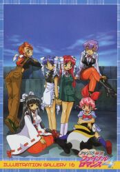  1990s_(style) 6+girls :p akatsuki_gomoku apron bird black_boots black_eyes black_hair blue_hair blue_socks boots bow brown_eyes chinese_clothes crossed_legs day earrings final_romance_4 green_skirt hair_bow high_heels hoko_eimi holding_hands japanese_clothes jewelry kneehighs log long_sleeves low_ponytail mary_janes miko miniskirt multiple_girls non-web_source official_art ohno_yuri open_mouth orange_eyes orange_hair outdoors penguin pink_eyes pink_hair ponytail purple_hair red_hair red_shoes retro_artstyle ribbon-trimmed_sleeves ribbon_trim rimless_eyewear rinran_(final_romance_4) round_eyewear scan seiza shoes shunran sidelocks sitting skirt smile sneakers socks sphere_earrings standing suspenders takamine_momo tongue tongue_out waist_apron white_apron wide_sleeves yamagami_shino 