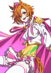  1girl animal_ears armor highres horse_tail looking_at_viewer lut01 orange_hair pink_hair shirt simple_background skirt smile striped_clothes striped_skirt t.m._opera_o_(o_sole_suo!)_(umamusume) t.m._opera_o_(umamusume) tail thigh-highs umamusume white_shirt white_thighhighs 