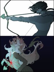  1girl 1other aiming animal_ears antlers arrow_(projectile) arrow_in_body bow_(weapon) bwompfish checkered_sweater_vest commentary deer_antlers deer_ears deer_girl deltarune english_commentary furry furry_female highres holding holding_bow_(weapon) holding_weapon horns kris_(deltarune) long_hair long_sleeves noelle_holiday open_mouth red_eyes shirt short_hair sweater utdr_(toby_fox) valentine very_long_hair weapon weird_route_(deltarune) 