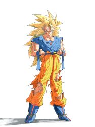  1boy absurdres blonde_hair blue_boots blue_sash blue_shirt blue_wrist_cuffs boots dragon_ball dragon_ball_z full_body green_eyes highres long_hair male_focus muscular muscular_male orange_pants pants pato007711 sash shirt simple_background solo son_goku spiky_hair standing super_saiyan super_saiyan_3 torn_clothes torn_pants torn_shirt white_background wrist_cuffs 