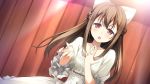  1boy 1girl blush brown_hair dress game_cg kantoku koi_suru_kanojo_no_bukiyou_na_butai long_hair togawa_mayuu violet_eyes 