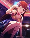  1girl armlet breasts brown_eyes brown_hair character_name cleavage d; dress hair_ornament idolmaster idolmaster_million_live! long_hair official_art one_eye_closed open_mouth tanaka_kotoha tears 