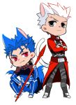  2boys animal_ears archer cat_ears cat_tail chibi earrings fang fate/stay_night fate_(series) gae_bolg grey_eyes jewelry kemonomimi_mode lancer long_hair multiple_boys ponytail red_eyes sirou69 tail white_hair 