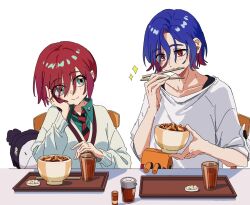  1boy 1girl amate_yuzuriha aqua_eyes blue_hair blush bowl chopsticks chopsticks_in_mouth collared_shirt colored_inner_hair conch_(gundam) cup food gundam gundam_gquuuuuux gyuudon haro holding holding_bowl holding_chopsticks holding_food looking_at_another multicolored_hair necktie o6nuqm purple_hair red_eyes red_hair school_uniform shirt short_hair shuji_ito sitting smile sweater table two-tone_hair white_background white_shirt 