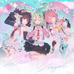  3girls absurdres angels_of_delusion aqua_streaks aria_(zenless_zone_zero) arm_warmers bandaid bandaid_hair_ornament bare_shoulders black_choker black_hair black_skirt black_thighhighs bow caisena chinese_commentary choker clothing_cutout collared_shirt colored_inner_hair commentary_request crossed_bangs dress earrings fingerless_gloves fur-trimmed_skirt fur-trimmed_sleeves fur_trim gloves green_bow green_eyes green_hair green_halo hair_between_eyes hair_ornament halo heart heart_hands highres jewelry leg_warmers looking_at_viewer multicolored_hair multiple_girls multiple_hair_clips multiple_thigh_straps musical_note_earrings nangong_yu navel_cutout necktie one_eye_closed pink_arm_warmers pink_bag pink_gloves pink_hair puffy_short_sleeves puffy_sleeves red_eyes red_necktie shirt short_sleeves short_twintails skirt streaked_hair striped_arm_warmers sunna_(zenless_zone_zero) thigh-highs thigh_strap twintails white_dress white_shirt winged_bag zenless_zone_zero 