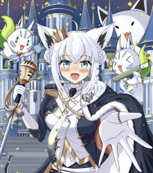  >_< 1girl absurdres ahoge animal_ear_fluff animal_ears aqua_eyes blue_cape blush braid bun_with_braided_base cape cloak commentary_request crown double_bun fox_ears fur-trimmed_cape fur_trim gloves hair_between_eyes hair_bun highres holding holding_microphone_stand hololive looking_at_viewer microphone_stand mini_crown official_alternate_costume official_alternate_hairstyle open_mouth reaching reaching_towards_viewer shirakami_fubuki shirakami_fubuki_(fbkingdom) shirt side_braid sukonbu_(shirakami_fubuki) tilted_headwear upper_body user_akyw5557 virtual_youtuber white_gloves white_hair white_shirt 