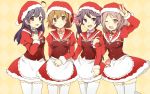  4girls akebono_(kantai_collection) alternate_costume apron black_hair blue_hair brown_eyes brown_hair christmas flower grey_eyes grey_hair hair_bobbles hair_flower hair_ornament hand_on_own_chest hat kantai_collection long_hair multiple_girls oboro_(kantai_collection) peace_symbol pink_hair purple_hair santa_costume santa_hat sazanami_(kantai_collection) short_hair side_ponytail tama922 thigh-highs twintails ushio_(kantai_collection) v 