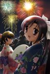  2girls fan fireworks floral_print japanese_clothes katsura_kotonoha kimono long_hair looking_back multiple_girls night open_mouth ponytail saionji_sekai school_days shingyouji_tatsuya sky 