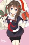 1girl black_gloves blush braid brown_hair fingerless_gloves gift gloves hair_flaps hair_ornament hat jpeg_artifacts kantai_collection long_hair looking_at_viewer note_(aoiro_clip) over_shoulder pink_background sack santa_hat scarf shigure_(kantai_collection) single_braid skirt smile solo the_yuudachi-like_creature twitter_username 