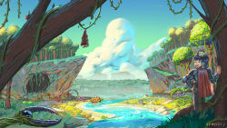  1boy absurdres armor bat_(animal) beard benii21 black_hair bug cave clouds facial_hair frog_on_head highres jungle nature outdoors plant plant_monster river short_cape short_hair snatcher_(terraria) terraria tombstone tortoise turtle vines 